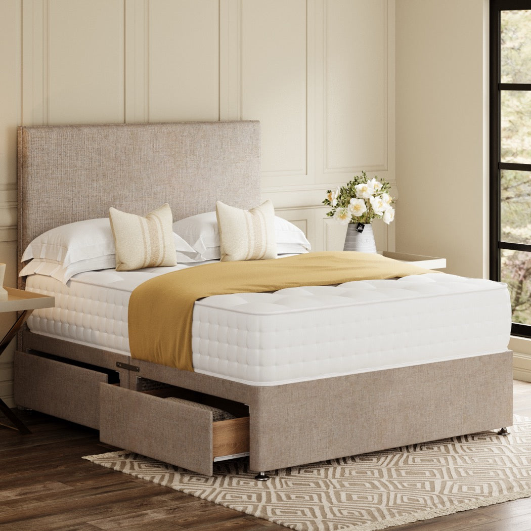 Beige Classic Divan Bed Set With Plain Headboard in a bedroom – side view