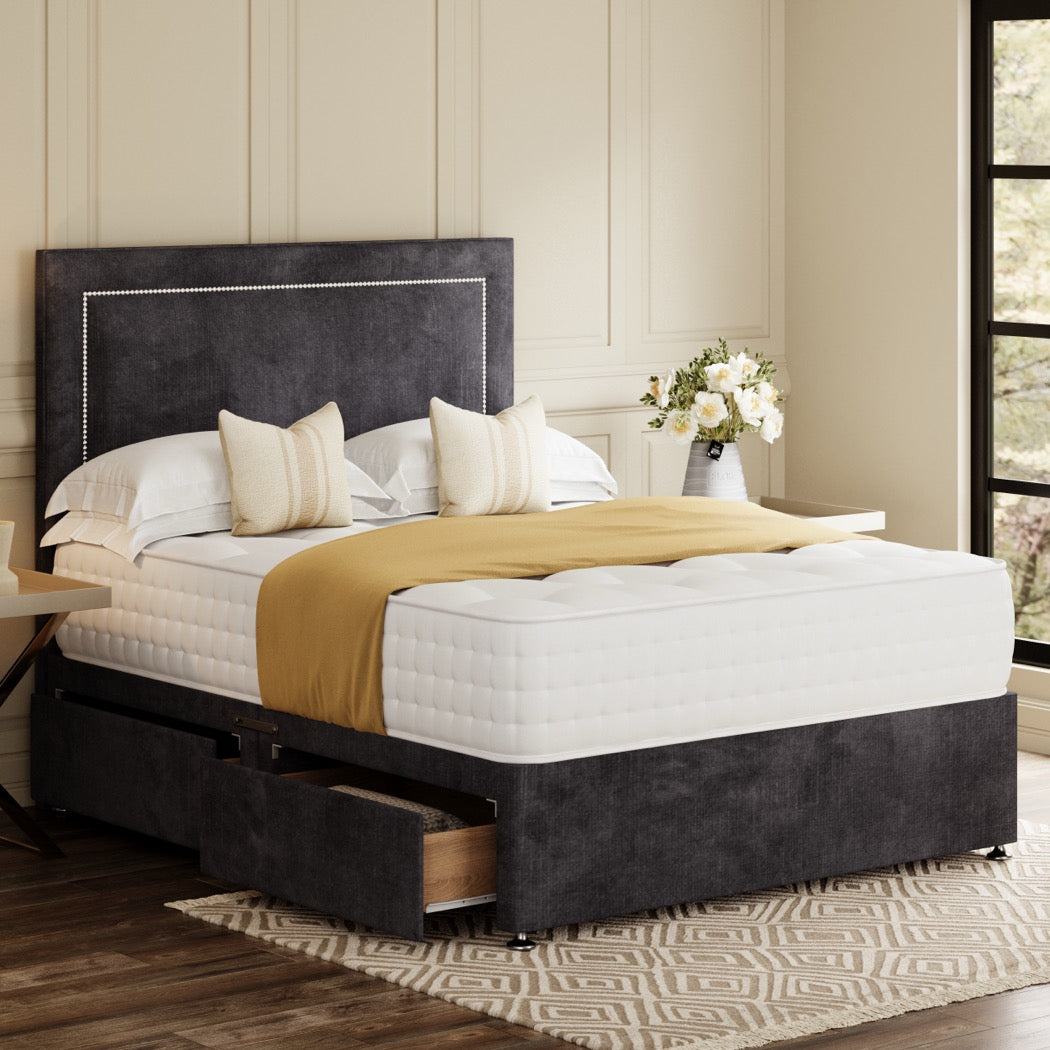 Grey Cologne Divan Bed Set With Headboard in a bedroom – side view