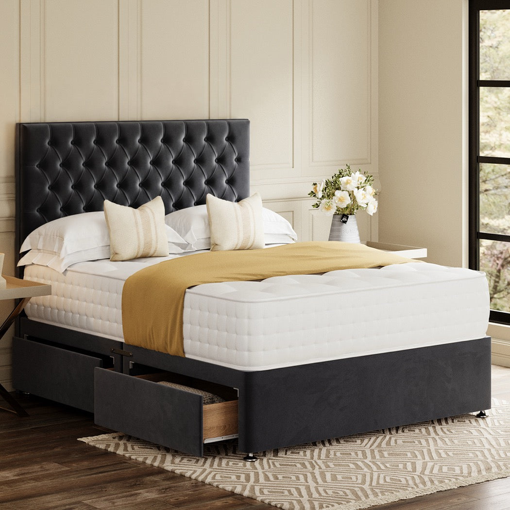Black Divan Bed Set With Chesterfield Headboard in a bedroom – side view