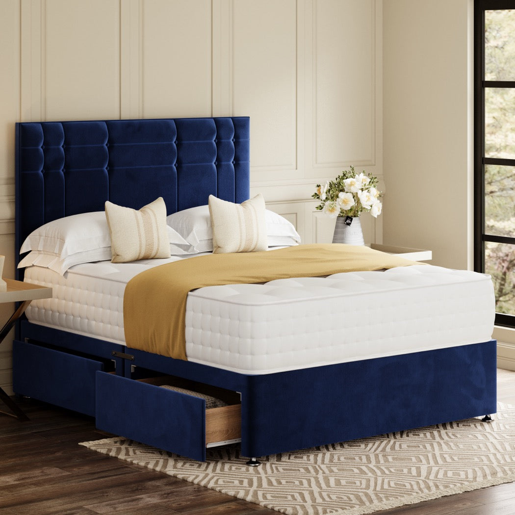 Blue Geneva Divan Bed Set With Headboard in a bedroom – side view