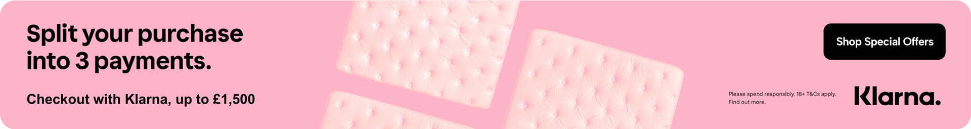 Promotional banner for splitting a purchase into three payments with Klarna on a pink background.