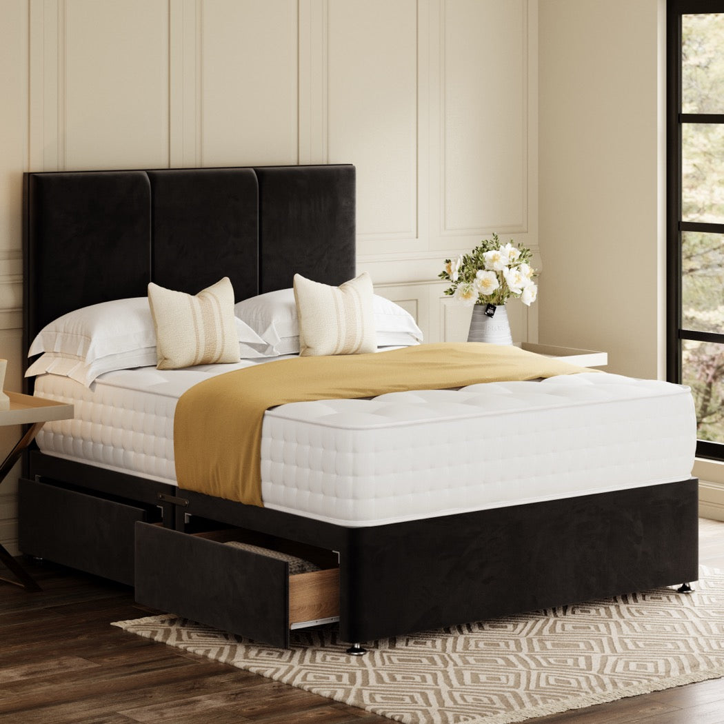 Grey Monaco Divan Bed Set With Headboard in a bedroom – side view