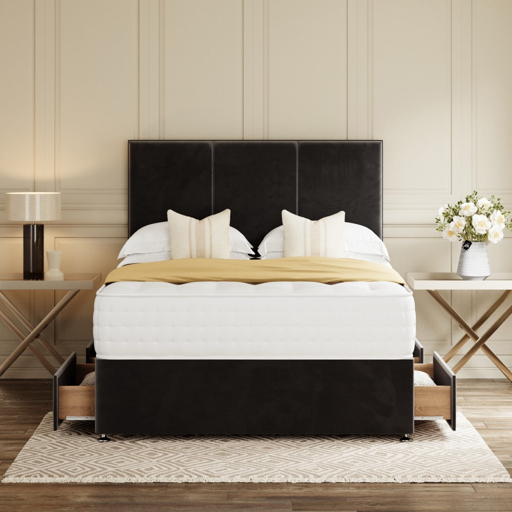 Grey Monaco Divan Bed Set With Headboard in a bedroom – front view with drawer open