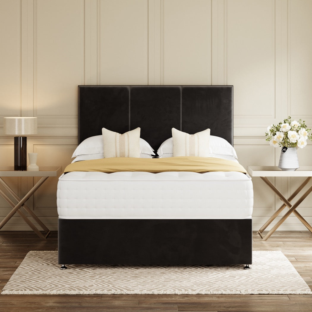 Grey Monaco Divan Bed Set With Headboard in a bedroom – front view