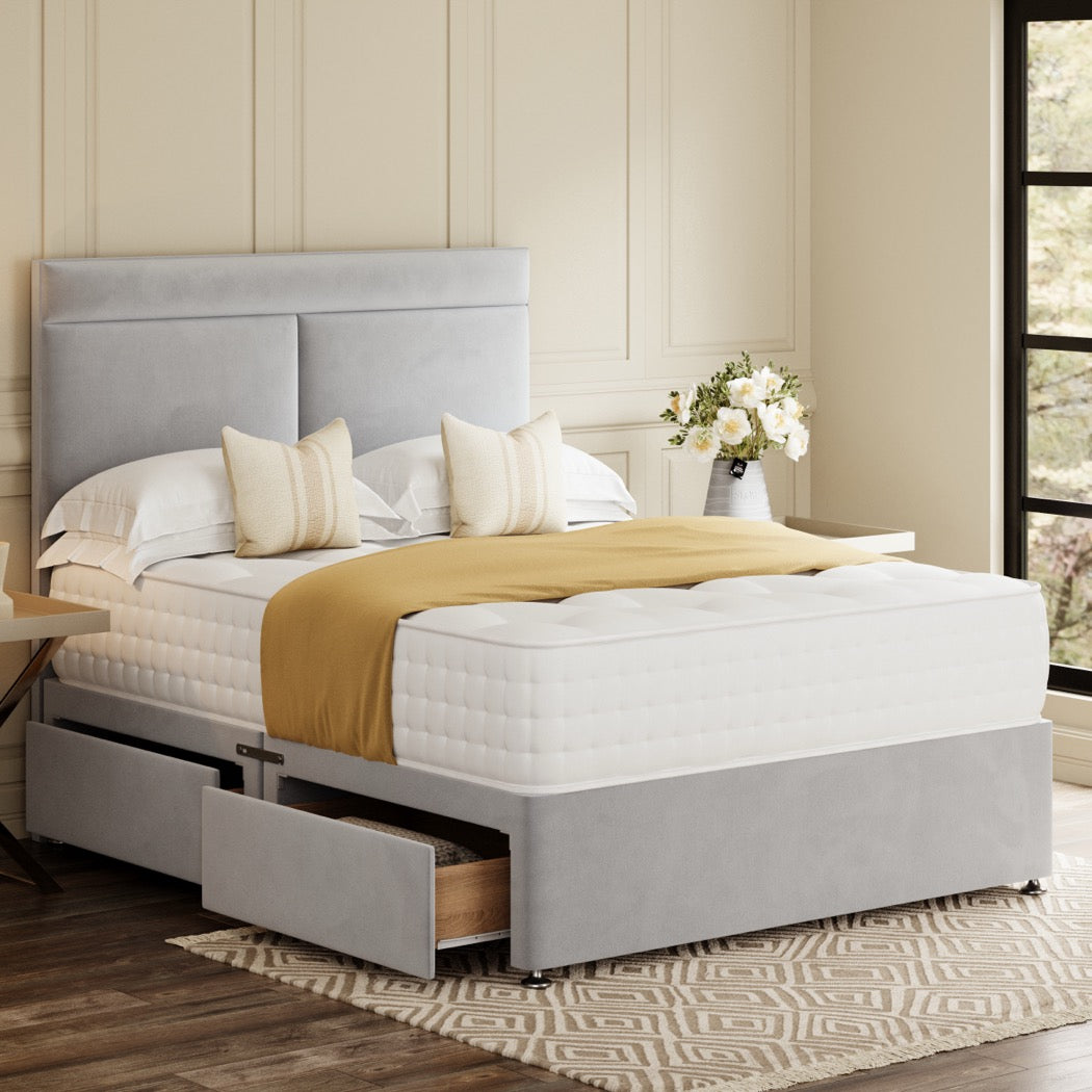 Grey Munich Divan Bed Set With Headboard in a bedroom – side view