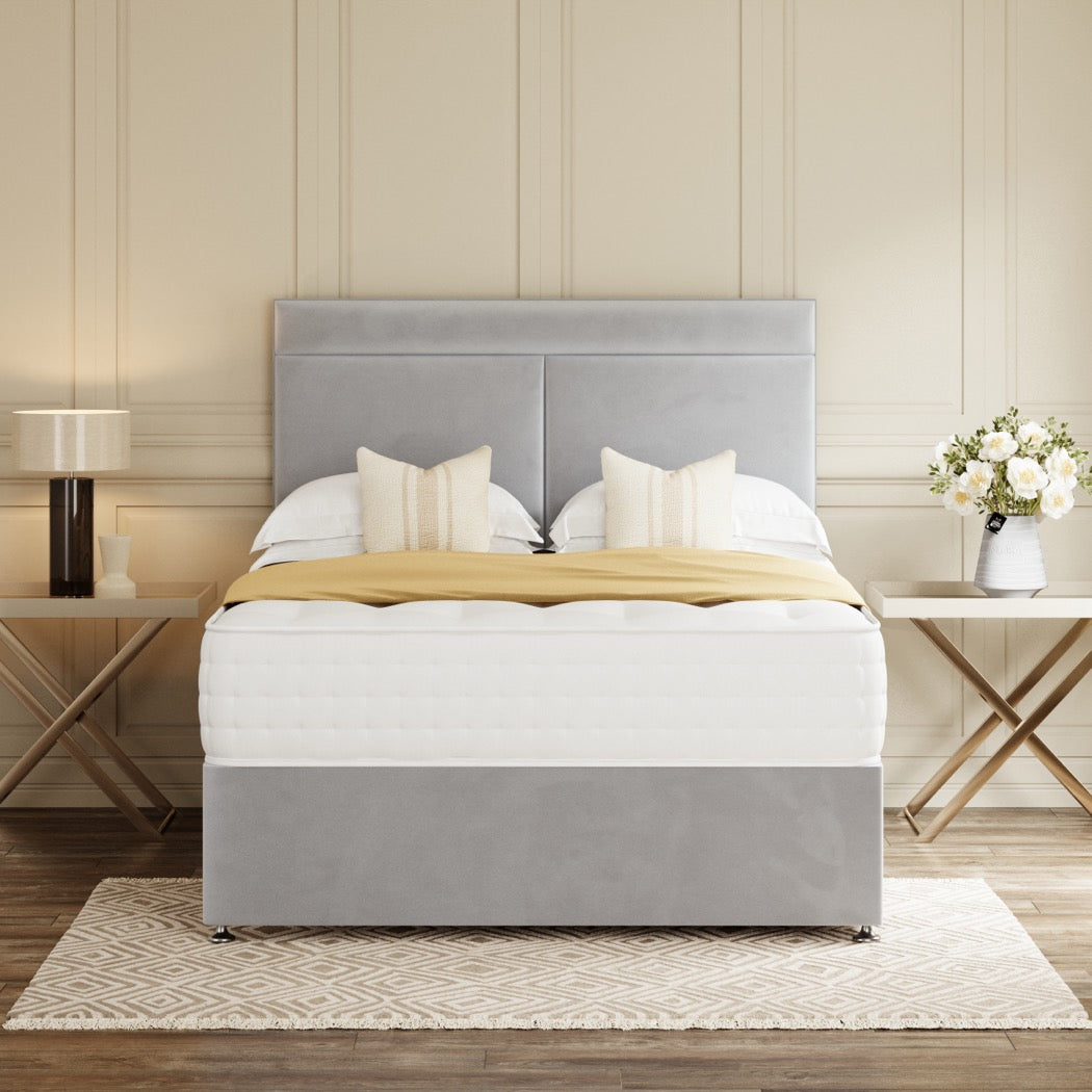 Grey Munich Divan Bed Set With Headboard in a bedroom – front view