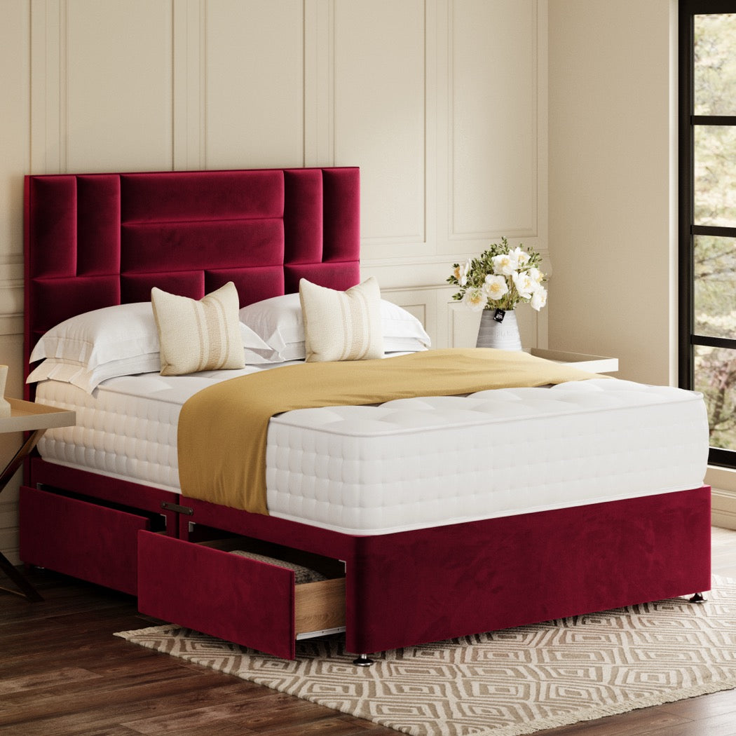 Red Picasso Divan Bed Set With Headboard in a bedroom – side view