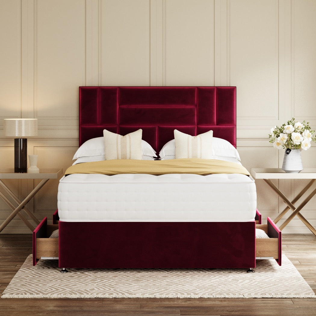 Red Picasso Divan Bed Set With Headboard in a bedroom – front view with drawer open