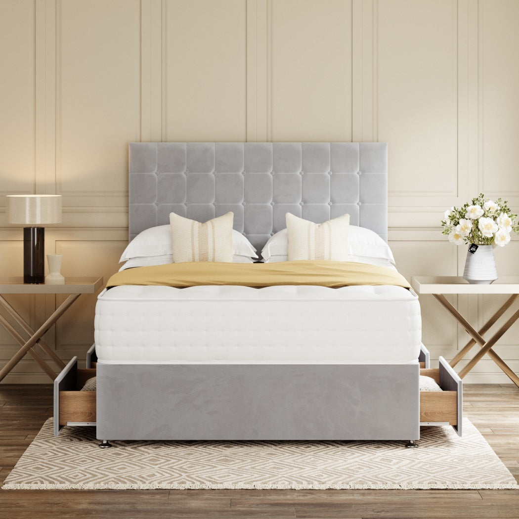 Grey Prague Divan Bed Set With Headboard in a bedroom – front view with drawer open