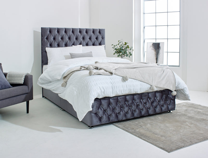 Divan bed set with footboard upholstered in plush dark grey