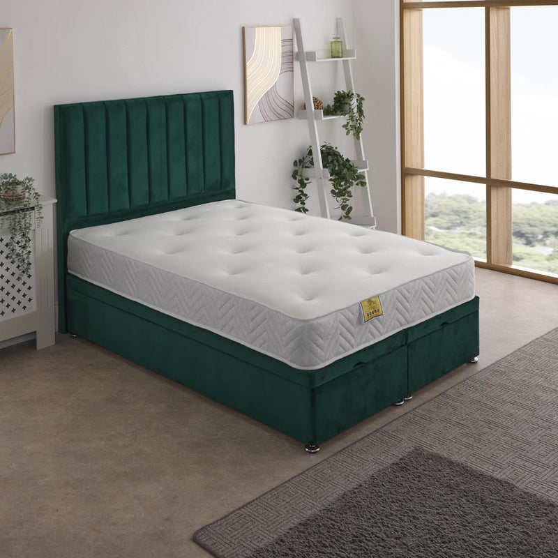 Ares Memory Coil Sprung Ottoman End Lift Bed Set – angled view, styled in a bedroom