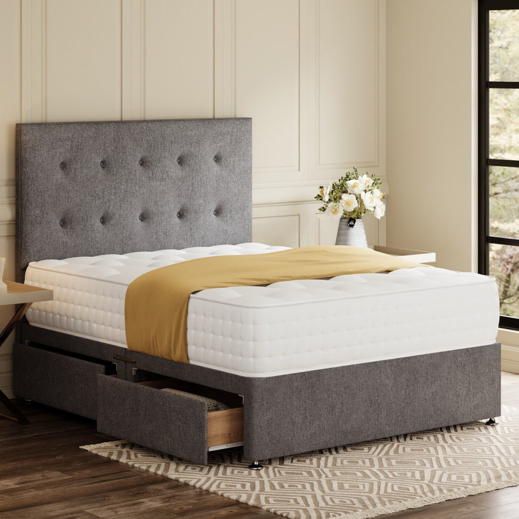Grey Athens Divan Bed Set With Button Headboard in a bedroom – side view