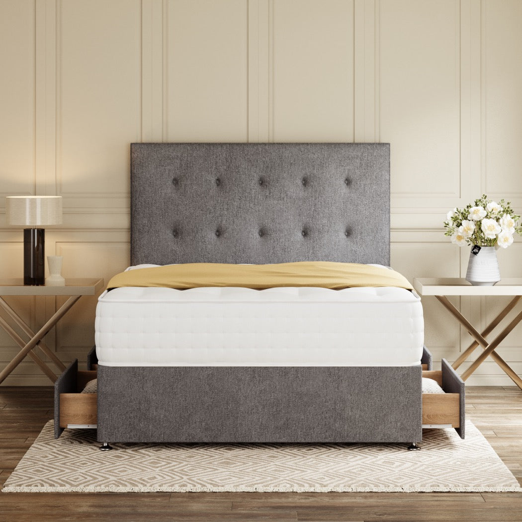 Grey Athens Divan Bed Set With Button Headboard in a bedroom – front view with drawer open