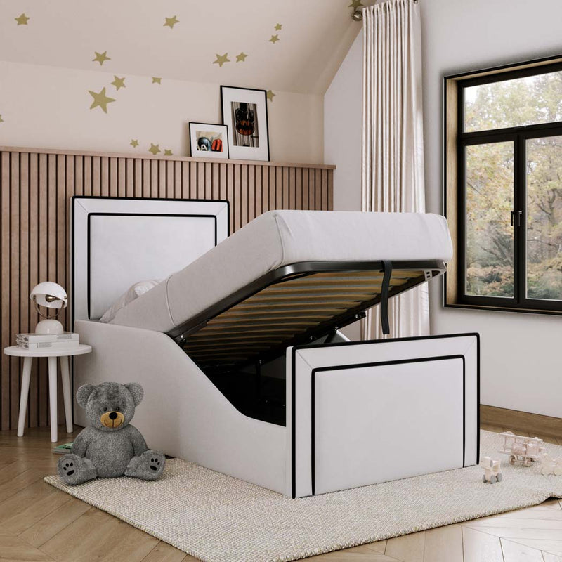 Avery Kids Fabric Bed with Safety Rails – angled view, storage open
