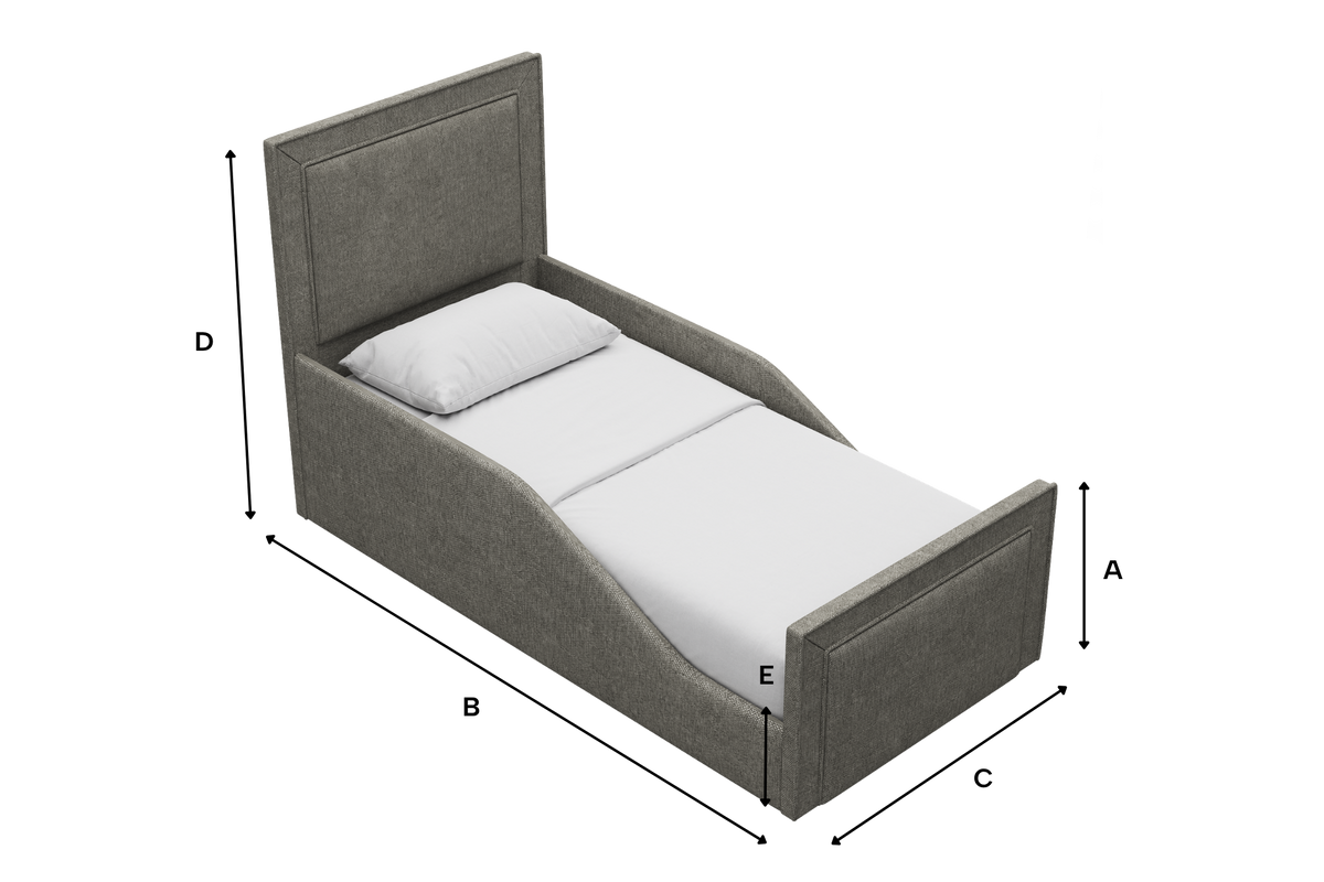 Avery Kids Fabric Bed with Safety Rails dimensions illustration