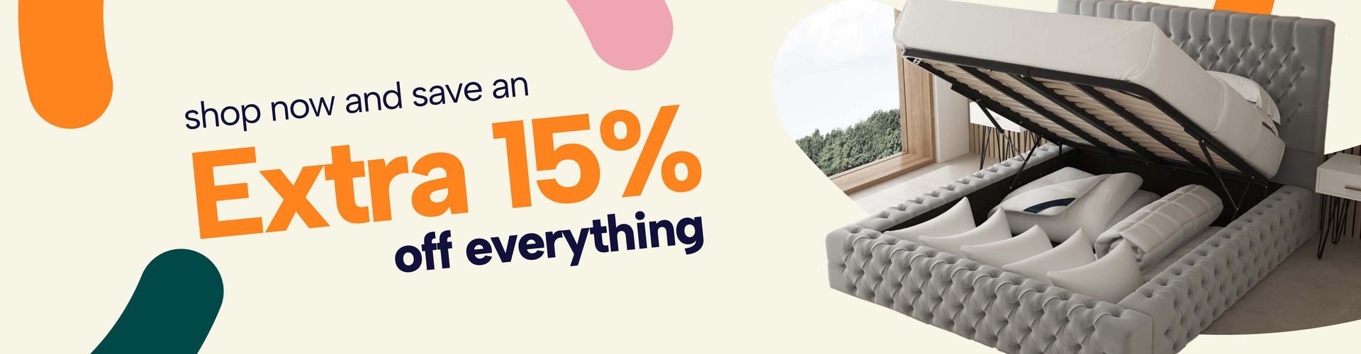 Promotional banner with a bed and text offering an extra 15% discount.