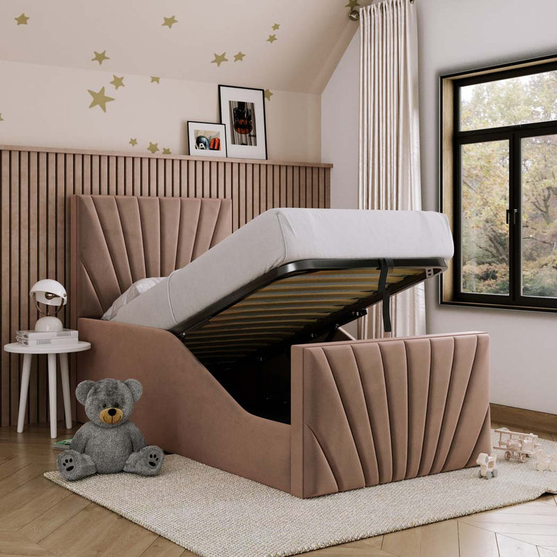 Bonnie Kids Fabric Bed with Safety Rails – angled view, storage open