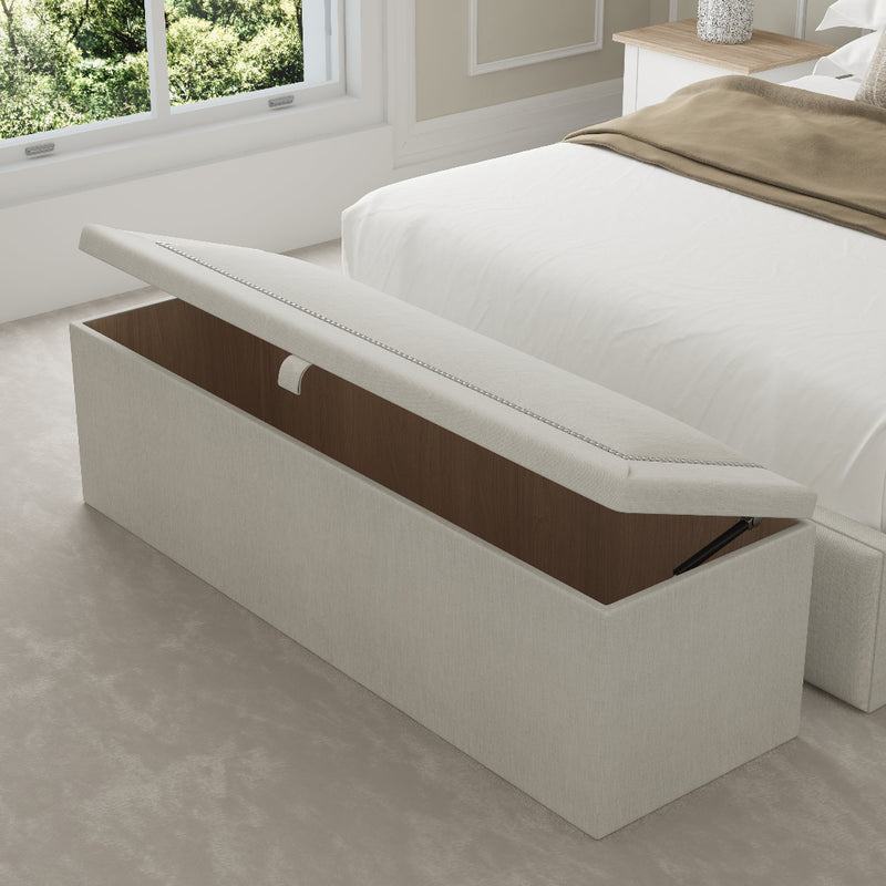 Canterbury Fabric Upholstered Blanket Box – angled view, storage open