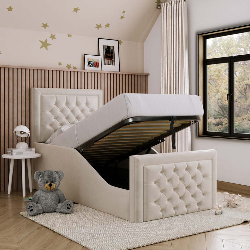 Charlie Kids Fabric Bed with Safety Rails – storage open, styled in a bedroom
