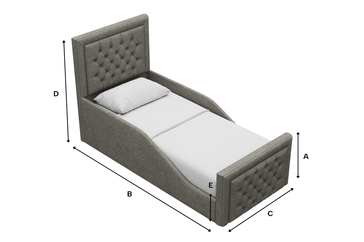 Charlie Kids Fabric Bed with Safety Rails dimensions illustration