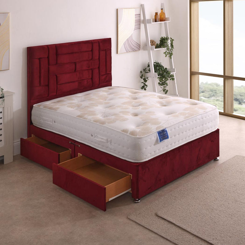 Chelsea 1500 Pocket and Memory Mattress – angled view, two drawers open