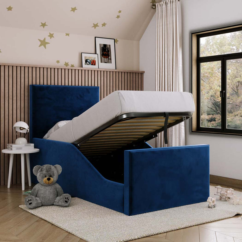 Clara Kids Fabric Bed with Safety Rails – angled view, storage open