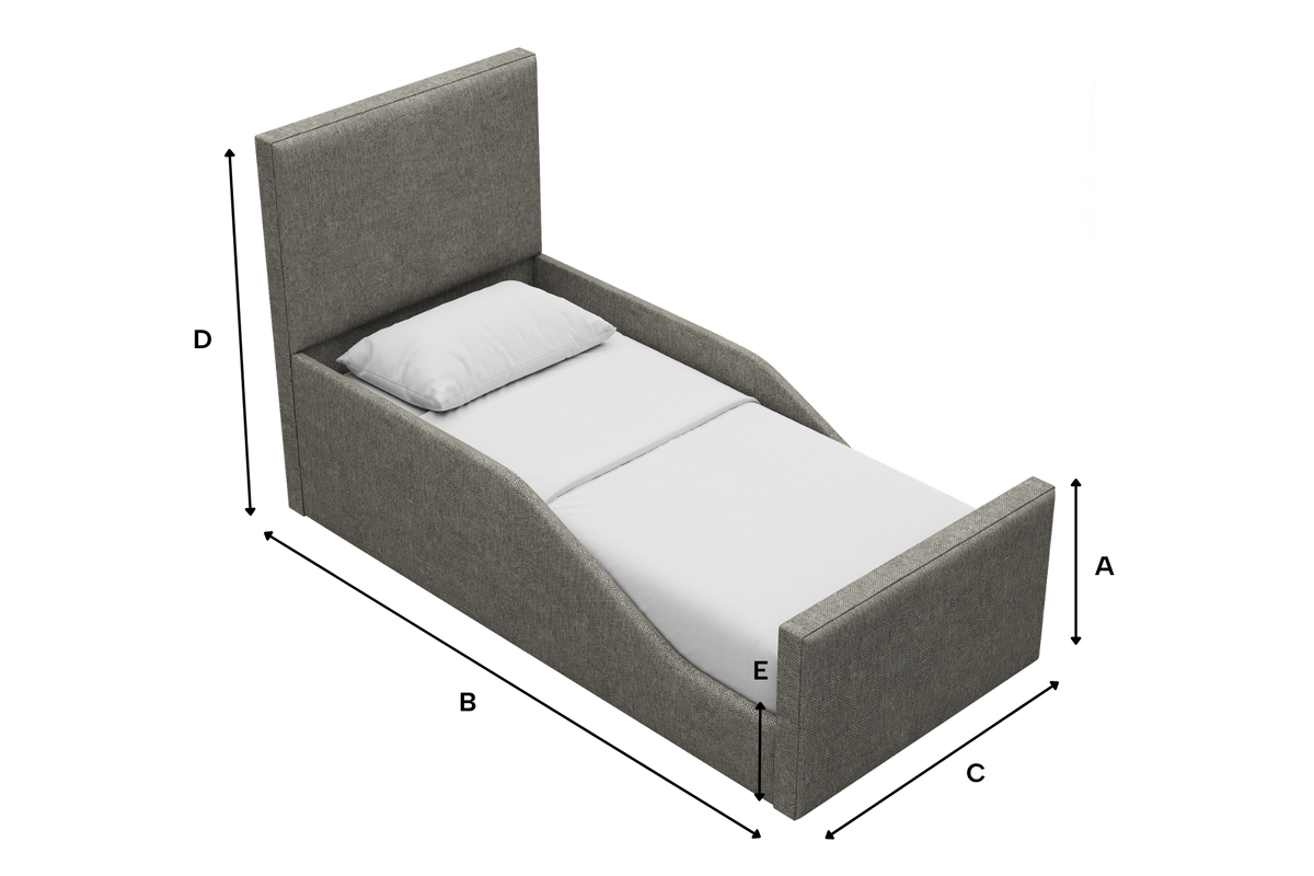 Clara Kids Fabric Bed with Safety Rails dimensions illustration