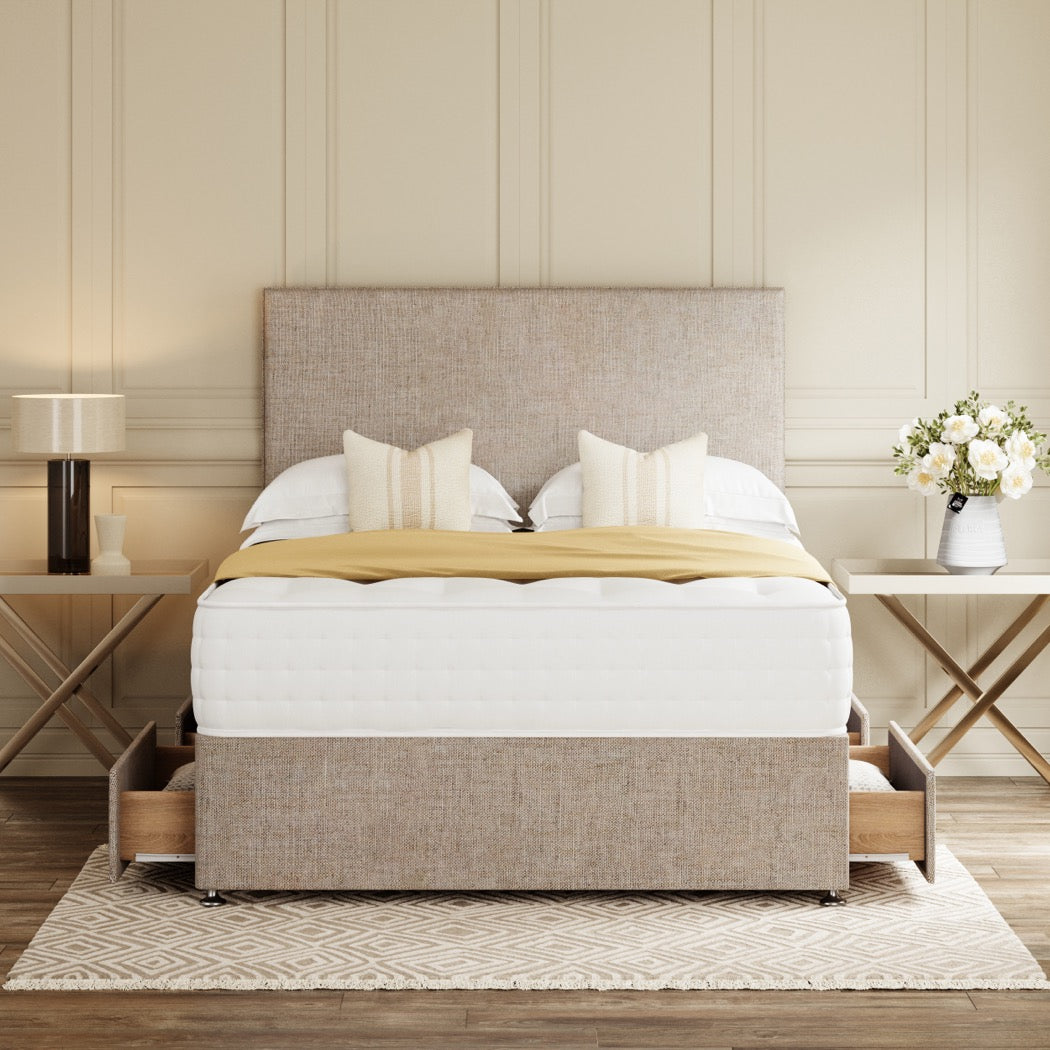 Beige Classic Divan Bed Set With Plain Headboard in a bedroom – front view with drawer open