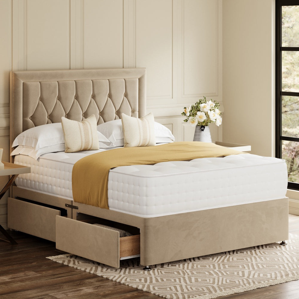 Beige Copenhagen Divan Bed Set With Headboard in a bedroom – side view