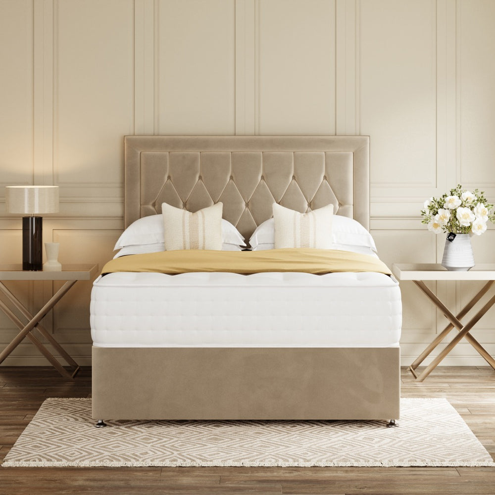 Beige Copenhagen Divan Bed Set With Headboard in a bedroom – front view