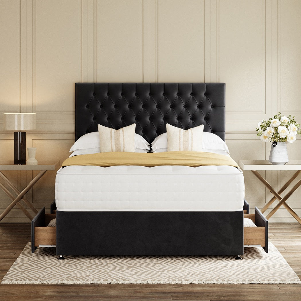 Black Divan Bed Set With Chesterfield Headboard in a bedroom – front view with drawer open