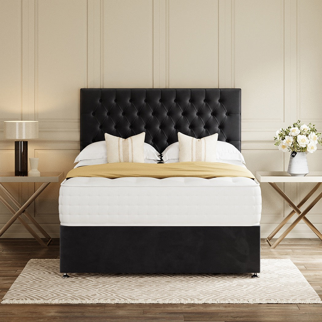 Black Divan Bed Set With Chesterfield Headboard in a bedroom – front view