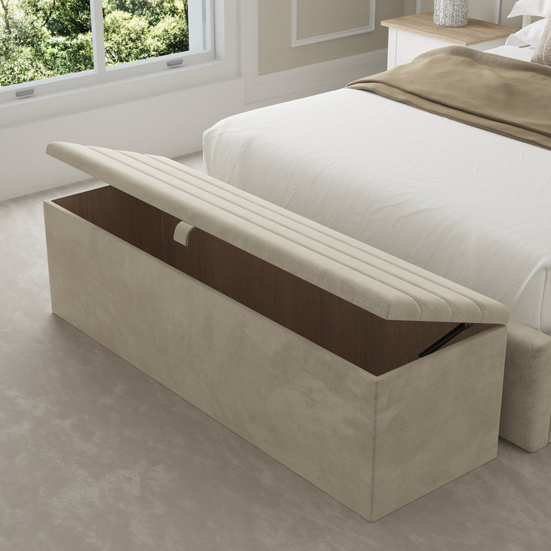 Dundee Fabric Upholstered Blanket Box – lid open, styled in a bedroom