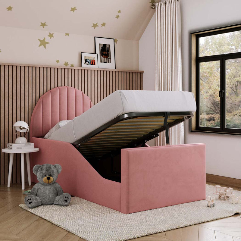 Emily Kids Fabric Bed with Safety Rails – angled view, storage open