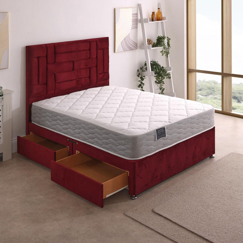 Entice Memory Foam And Spring Mattress – angled view, drawers open
