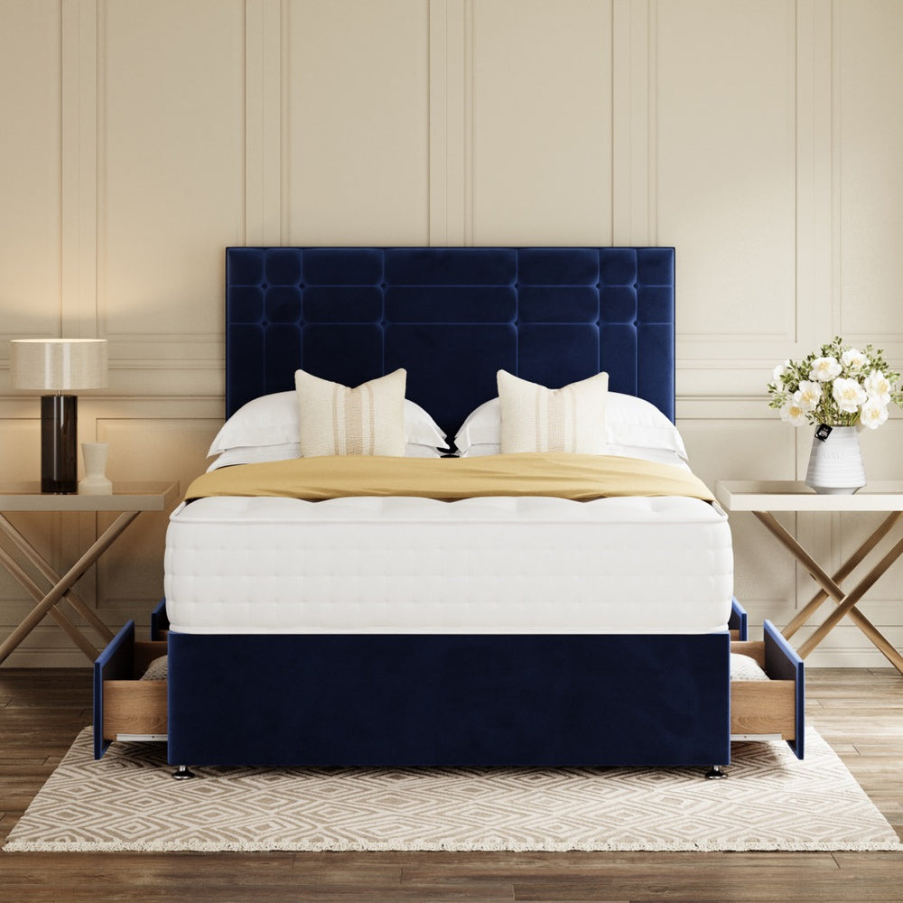 Blue Geneva Divan Bed Set With Headboard in a bedroom – front view with drawer open