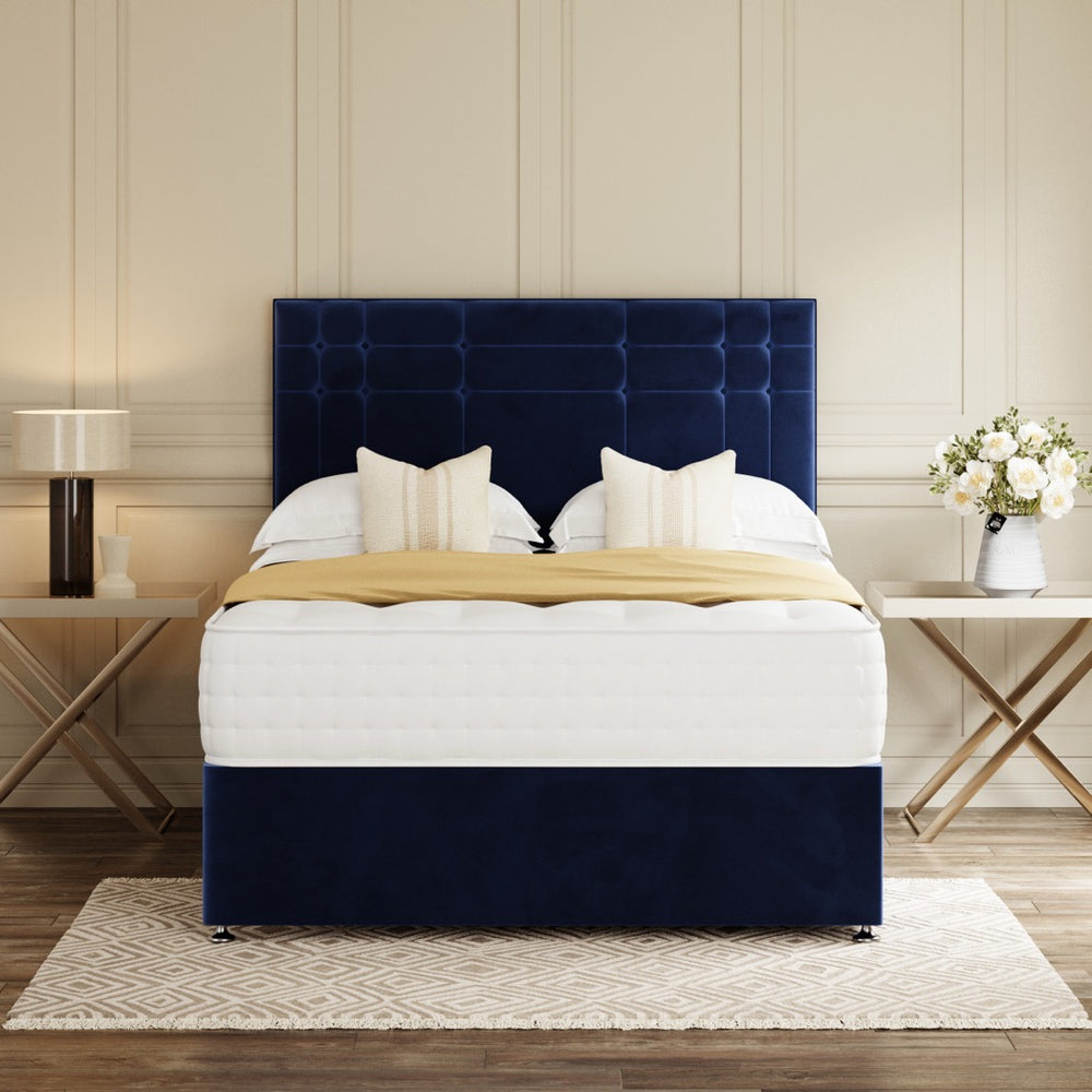 Blue Geneva Divan Bed Set With Headboard in a bedroom – front view