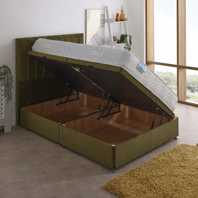 Hermes Coil Sprung Ottoman Side Lift Bed Set – angled view, storage open
