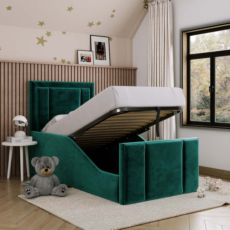 Hugo Kids Fabric Bed with Safety Rails – angled view, storage open