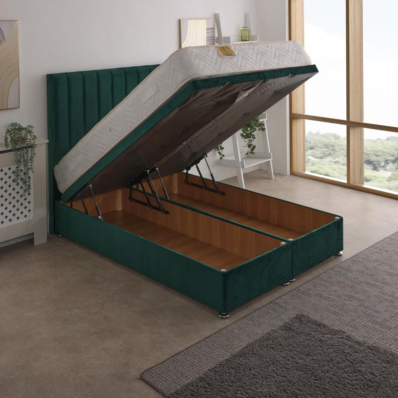 Lakonia Coil Sprung Ottoman End Lift Bed Set – angled view, storage open
