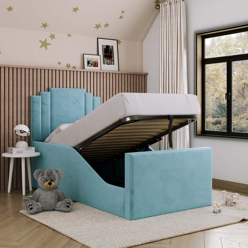 Lucas Kids Fabric Bed with Safety Rails – angled view, storage open