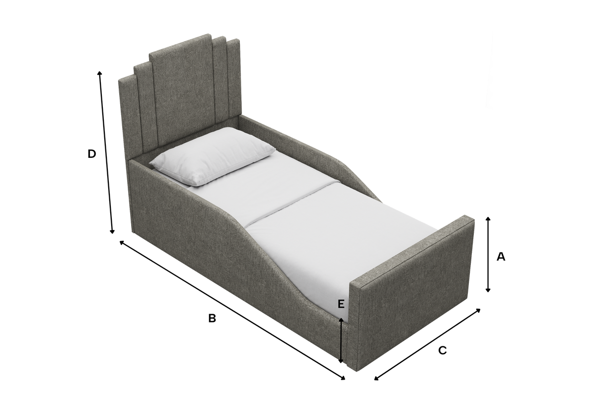 Lucas Kids Fabric Bed with Safety Rails dimensions illustration