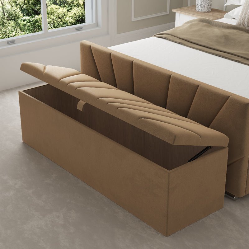 Lumina Fabric Upholstered Blanket Box – lid open, styled in a bedroom