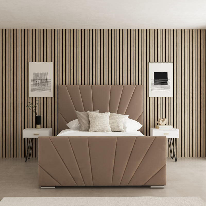 Lumina Sunrise Fabric Upholstered Bed Frame – front view, styled in a bedroom