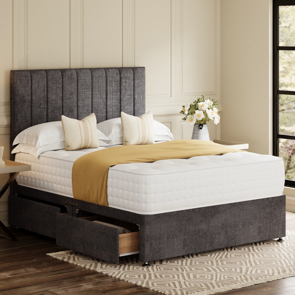 Grey Madrid Divan Bed Set With Headboard in a bedroom – side view