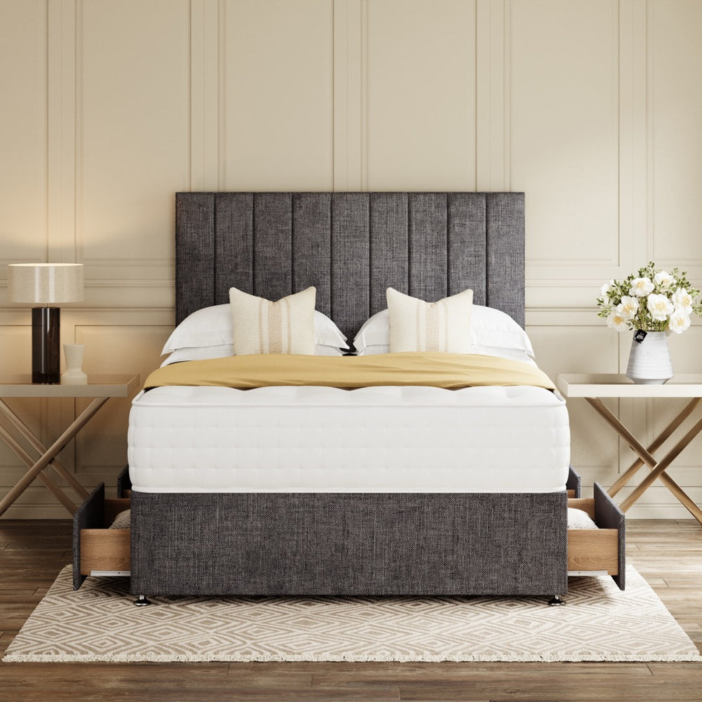 Grey Madrid Divan Bed Set With Headboard in a bedroom – front view with drawer open