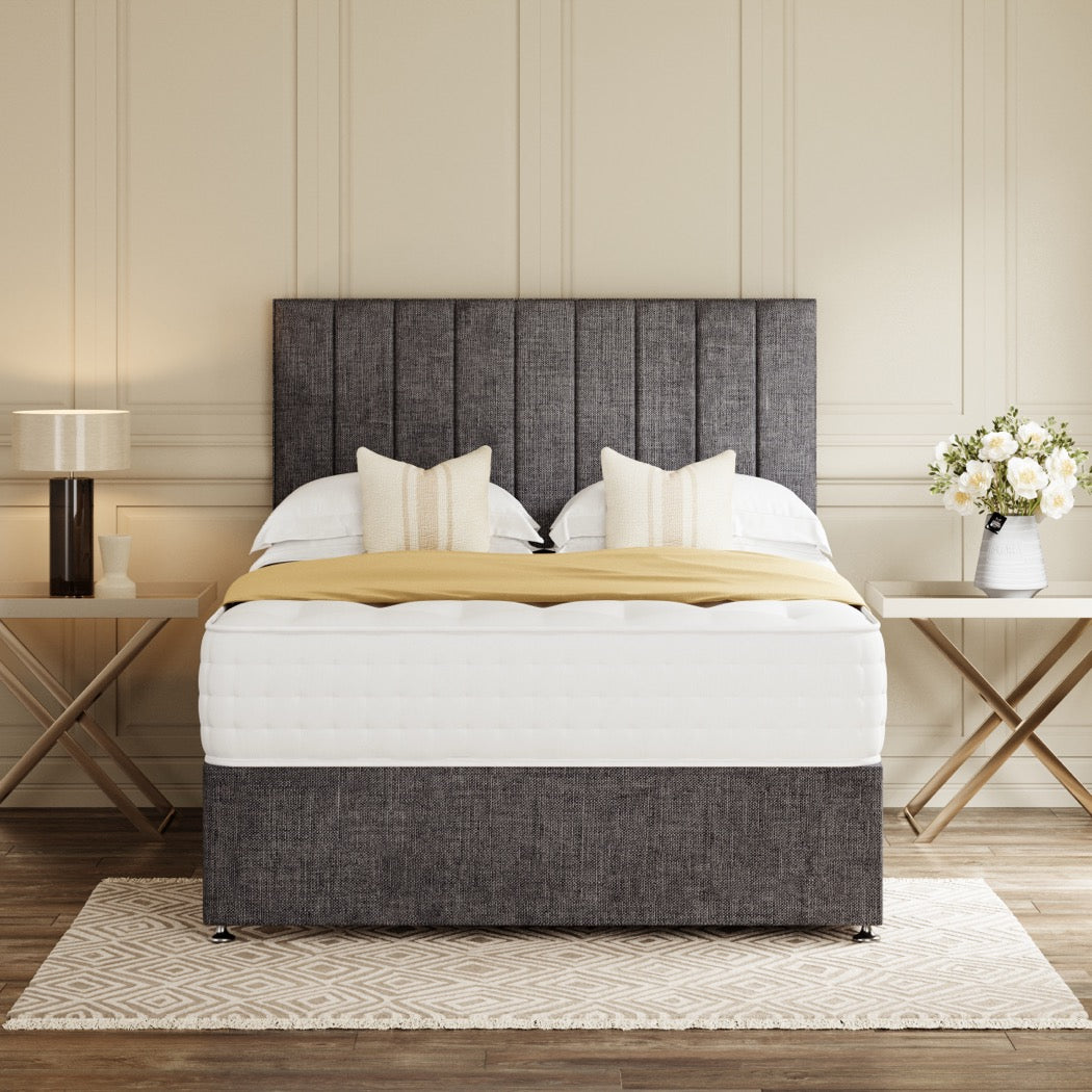 Grey Madrid Divan Bed Set With Headboard in a bedroom – front view