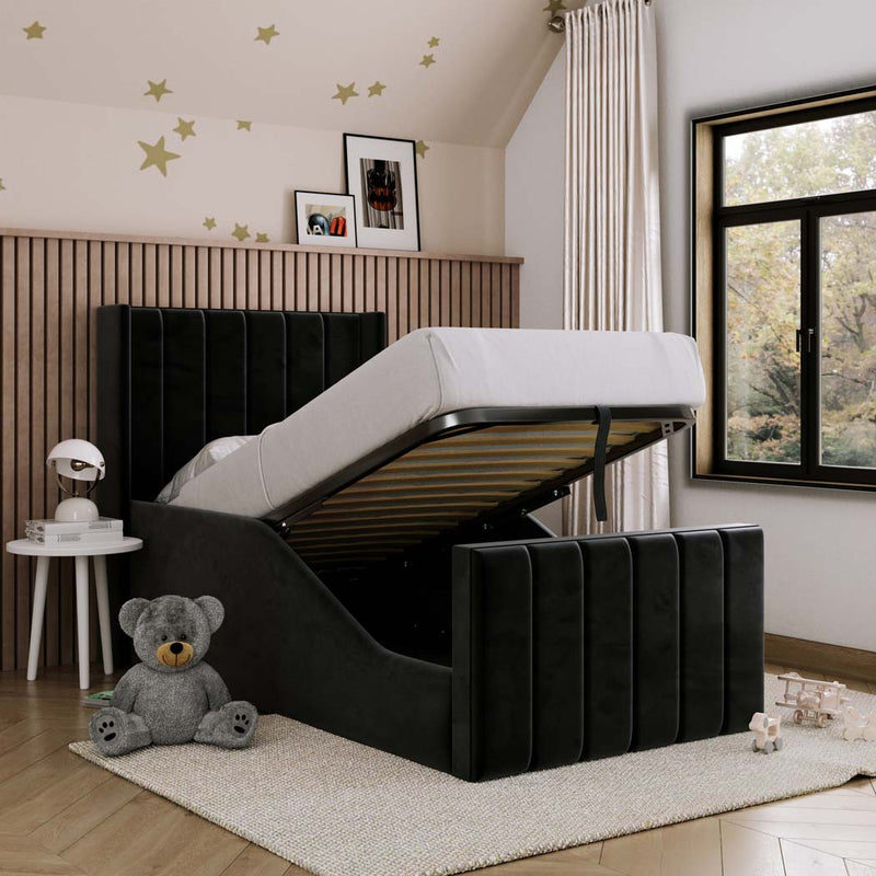 Matilda Kids Winged Fabric Bed with Safety Rails – angled view, storage open