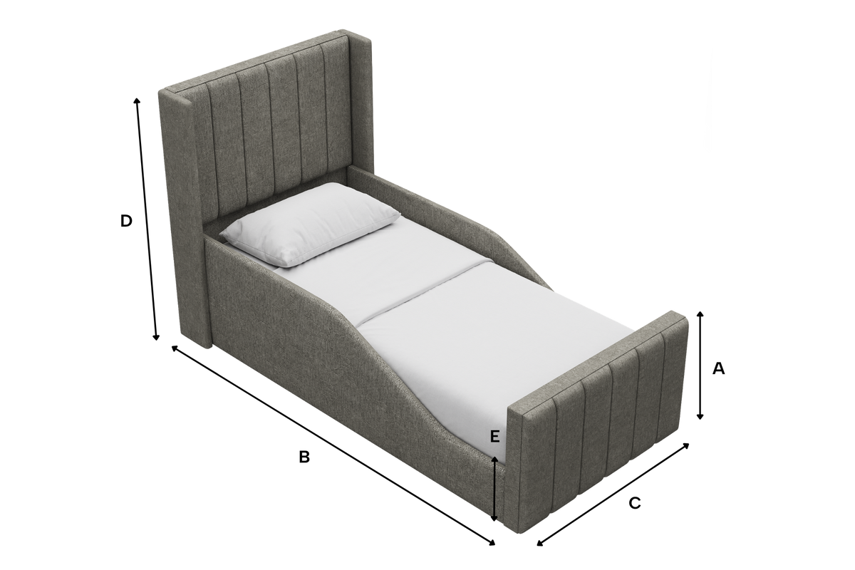 Matilda Kids Winged Fabric Bed with Safety Rails dimensions illustration