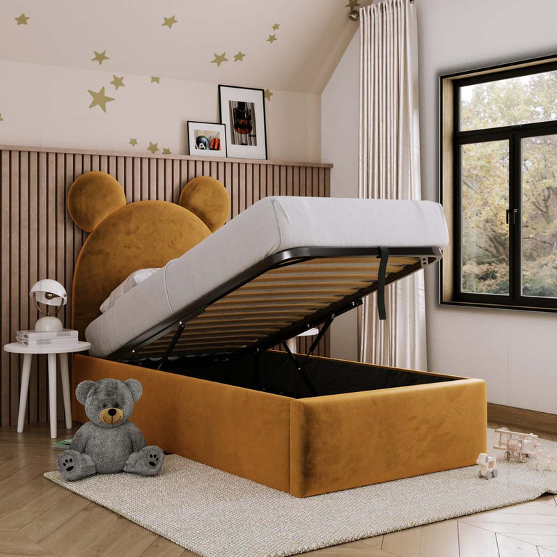 Mickey Mouse Kids Fabric Bed with Optional Storage – angled view, storage open